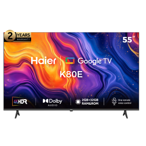 هاير شاشة سمارت، 55 بوصة، دقة 4K UHD، مزودة بريسيفر داخلي، H55K80EU - اسود
